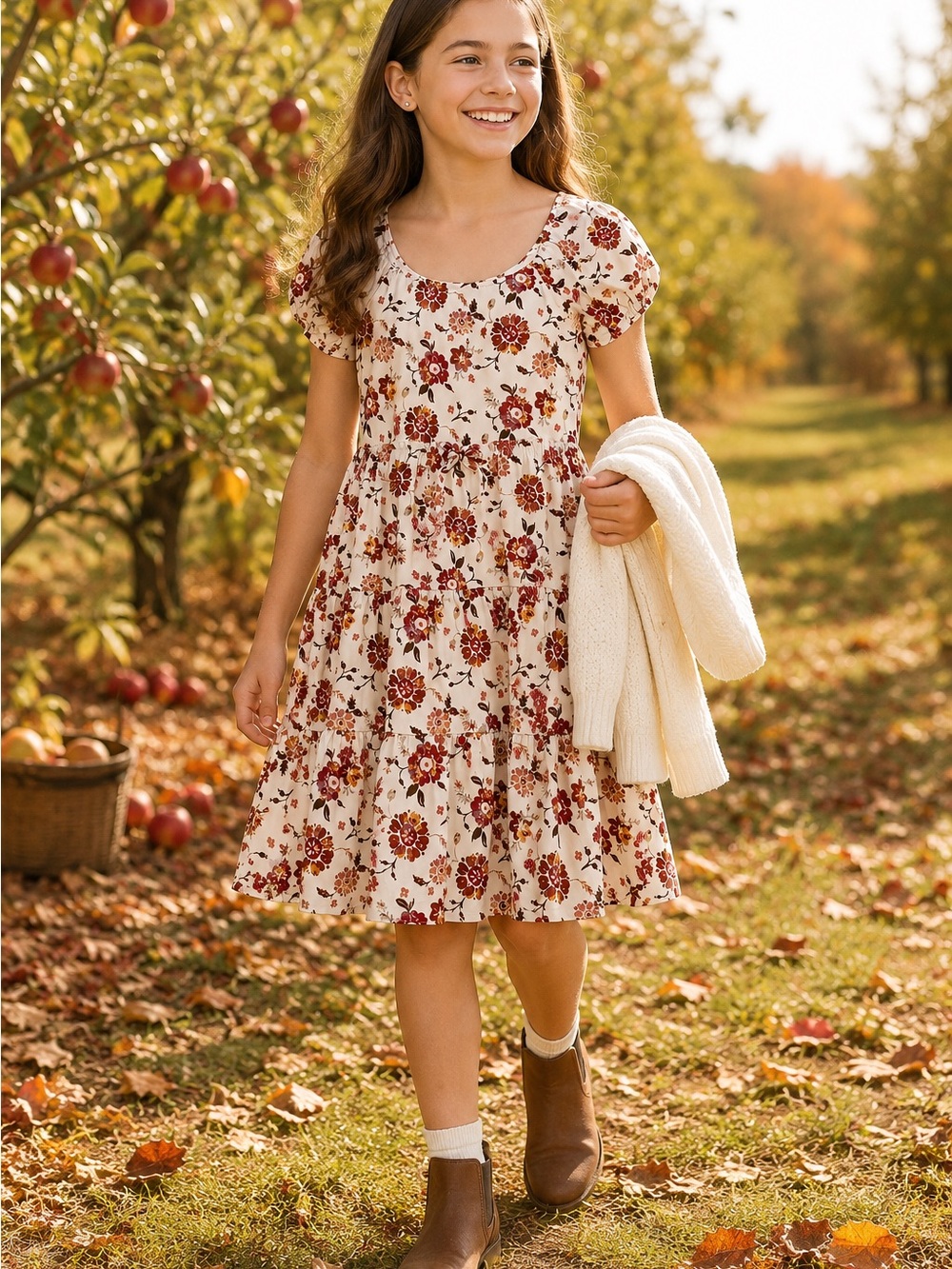 Girls' Cream Floral Tiered Day Dress with Puff Sleeves